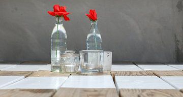 Glas en fles met bloem