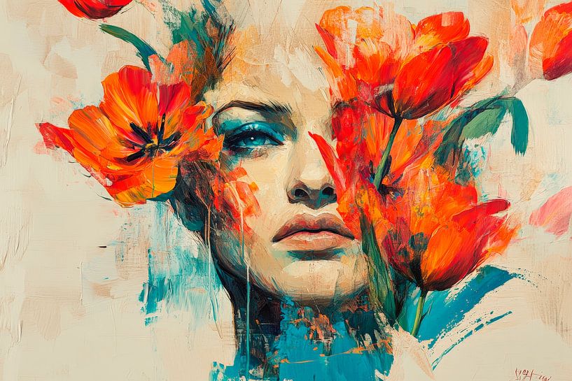 Blooming portrait of a woman with tulips by Poster Art Shop