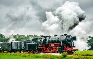 Stoomtrein op het platteland met dikke rookwolken uit locomotief van Sjoerd van der Wal Fotografie