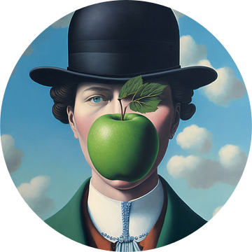 Een vrouwelijke "Son of Man" van Rene Magritte, met bolhoed en appel van Roger VDB