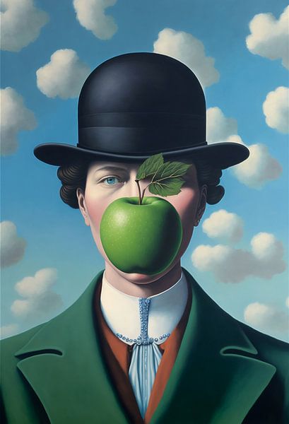 A female "Son of Man" by Rene Magritte, with bowler hat and apple by Roger VDB