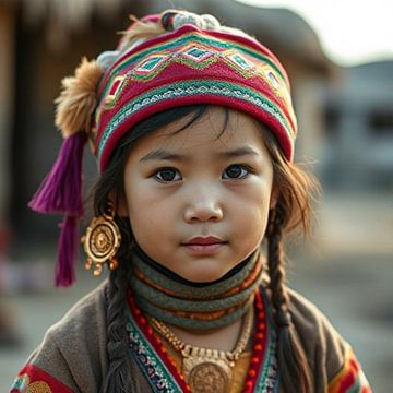 een portret Mongolië meisje met kleurrijke traditionele kleding. van J.a Dijkstra