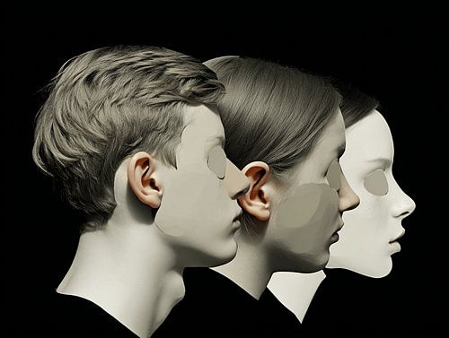Drie Gezichten | Sculpturale Portretkunst voor een Donkere Muur