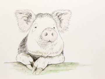 Het tevreden varken (vrolijk aquarel schilderij houtskool kinderboerderij dieren kinderkamer baby) van Natalie Bruns