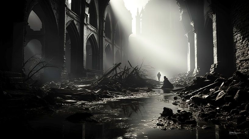 vieux bâtiment en noir et blanc avec une lumière dramatique par Gelissen Artworks
