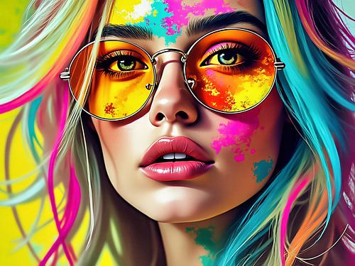 Portret van een vrouw met bril met veel kleur