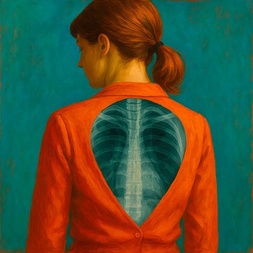 Röntgenfoto van rug – vrouw met rode blouse en roodbruin haar