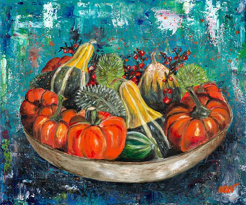 Pompoenen in de herfst, acrylverf