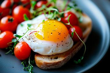 Perfect gepocheerd ei op toast met tomaten van Poster Art Shop