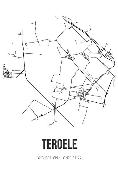 Teroele (Fryslan) | Karte | Schwarz und weiß von Ortsdrucke