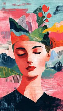 Mystiek portret met surrealistisch droomlandschap en vintage stijl van Aden Pink Studio