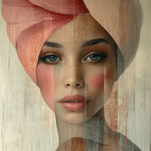 Modern en deels abstract portret van een jonge vrouw in roze