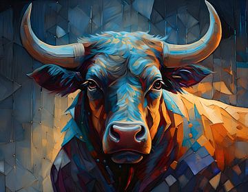 Digitaal artwork van een stier in kleurrijke polygon stijl van John van den Heuvel