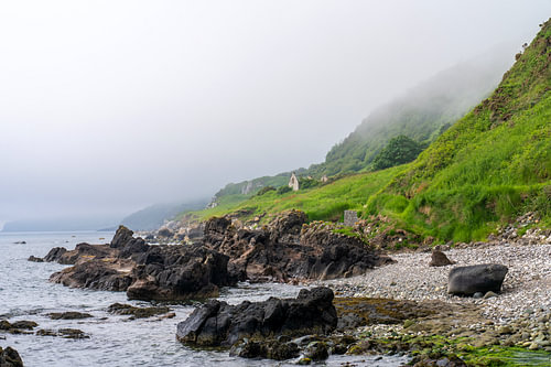 Rugged coastline in the mist