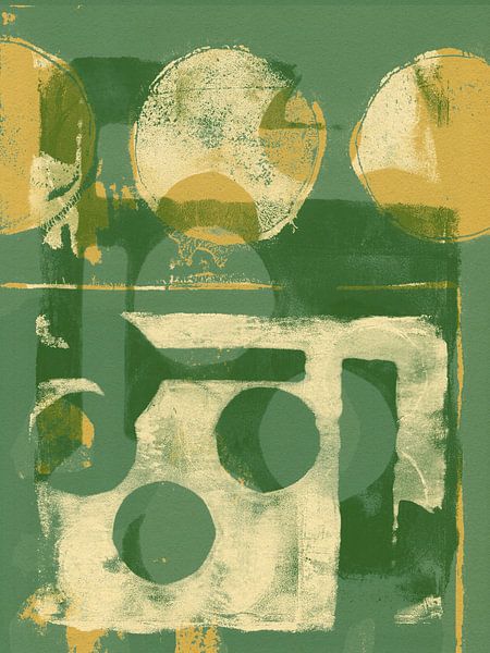 Abstracte organische vormen in groen, geel, wit. van Dina Dankers