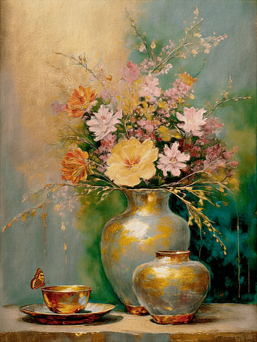 Luxuriöses und raffiniertes Stillleben mit einem klassischen Blumenstrauß in warmen Farbtönen von Studio Pieternel