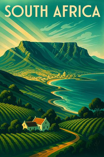 Zuid-Afrika Art Deco Poster - Tafelberg en kustwijngaarden van Travel Shop