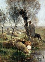 Shepherd with dog and flock under willows by the water, HEINRICH VON ZÜGEL, ca/ 1890