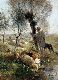 Shepherd with dog and flock under willows by the water, HEINRICH VON ZÜGEL, ca/ 1890 by Atelier Liesjes