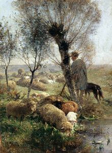 Schäfer mit Hund und Herde unter Weidenbäumen am Wasser, HEINRICH VON ZÜGEL, Wohl 1890