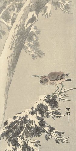 Un charlatan indien sur une branche d'arbre enneigée de Ohara Koson