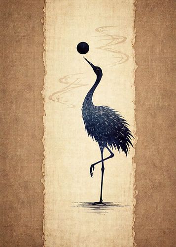 Illustration zen sur papier washi représentant une grue japonaise