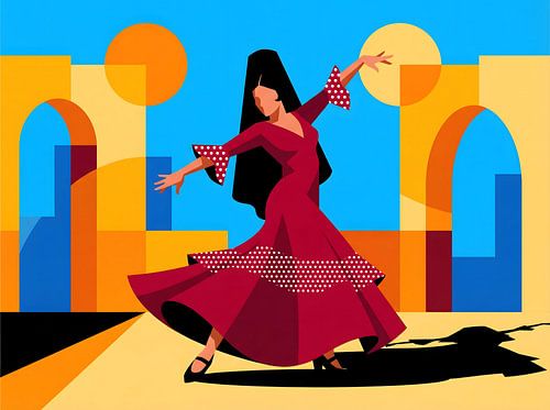 Dynamische flamencodanseres in een levendige, abstracte omgeving