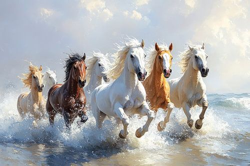 Galopperende paarden aan de kust