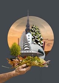 Eindhoven Collage auf Blättern, mit Blob, Evoluon, Trudotors von Marianne van der Zee