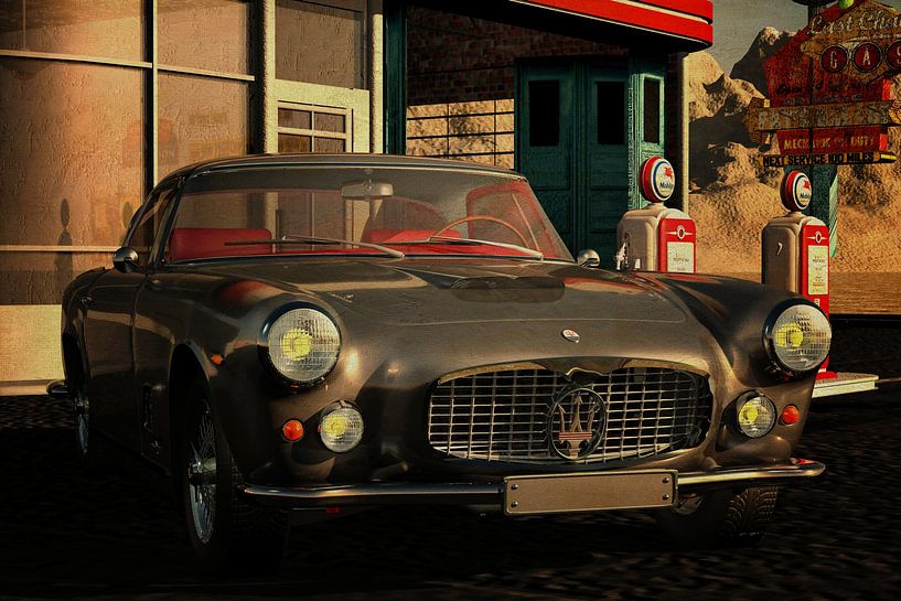 Maserati 3500 GT de 1960 dans une station-service vintage sur la Route 66 par Jan Keteleer
