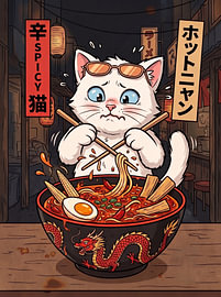 Lustige, scharfe Ramen-Katze – süßes weißes Kätzchen – Nudel-Challenge – Anime-Grafikillustration von The Deeper Way