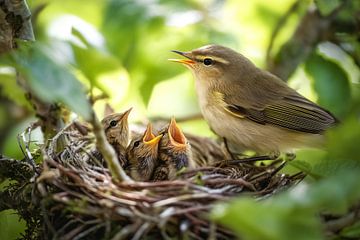 Zilpzalp bij het nest met kuikens (Phylloscopus collybita)