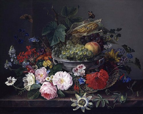 Bloemstilleven met fruitmand, Gottfried Wilhelm Voelcker