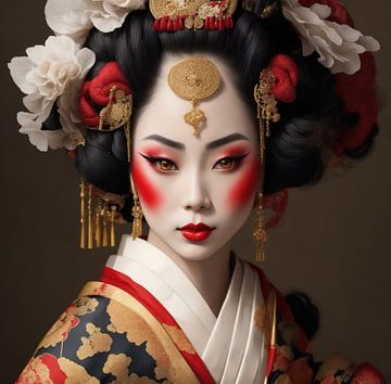 Geisha du 19e siècle en costume traditionnel, avec la coiffure et le maquillage qui vont avec.