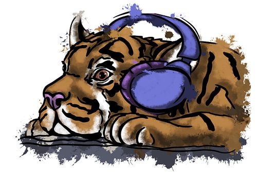 Cute tiger cub with headphones