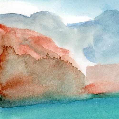 Modern abstract aquarel landschap in turquoise, blauw, bruin nr. 1