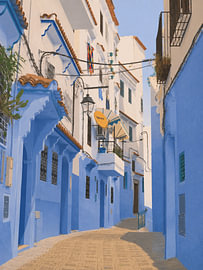 A blue and white street in Morocco
