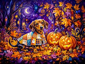 Dachshund Sitting Among Pumpkins Under Autumn Night Sky by ArtMomente