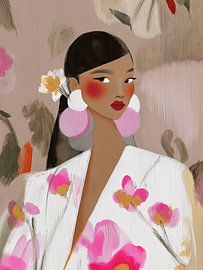 A modern portrait of a woman featuring flowers and pink accents