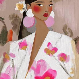 A modern portrait of a woman featuring flowers and pink accents by Carla Van Iersel