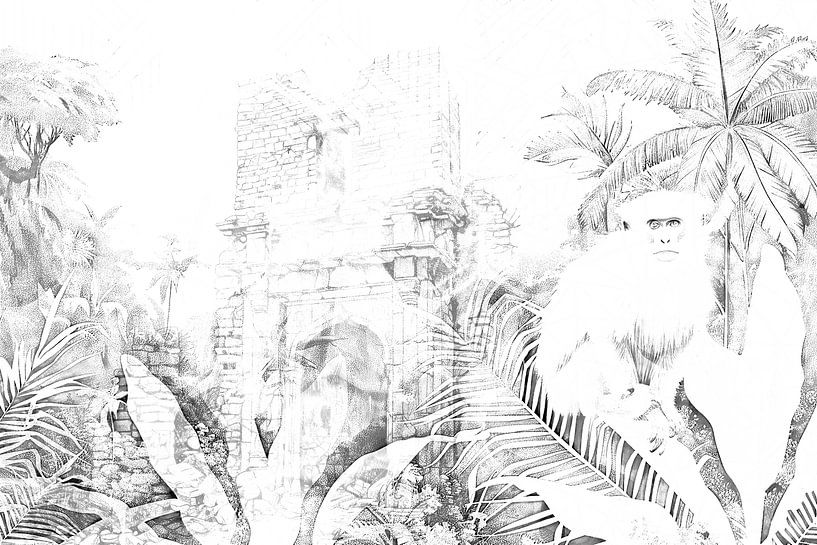Paysage de jungle avec singe collage noir et blanc par Vlindertuin-Art
