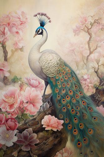 Stilleven van een pauw met roze bloemen