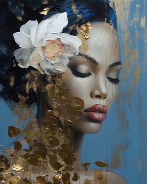 Modern and abstract portrait in white, blue and gold by Carla Van Iersel