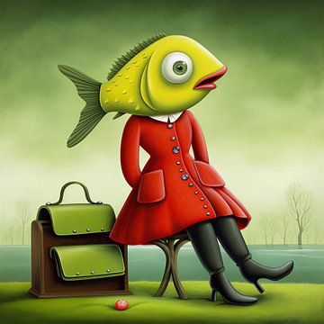 An anthropomorphic fish lady with red coat van Laila Bakker