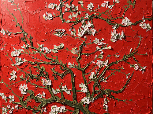 Vincent van Gogh’s *Almond Blossoms* in relief on a fiery red background