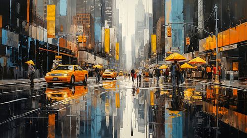 Winkelstraat met gele taxi in New York City, abstract schilderij
