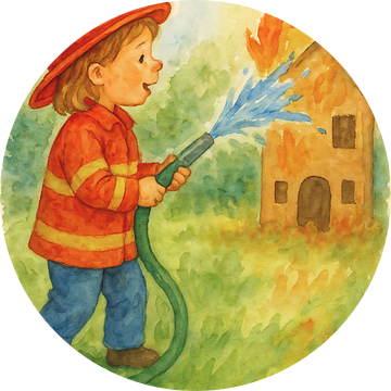 Kleine brandweerman / brandweervrouw blust huis (AI) (kind, verkleedkleren, verkleden, vrolijk, schattig, rollenspel, fantasie, tuinslang)