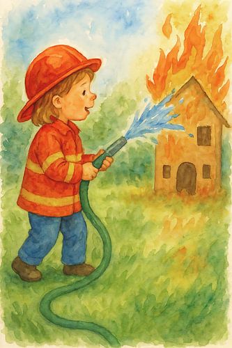 Kleine brandweerman / brandweervrouw blust huis (AI) (kind, verkleedkleren, verkleden, vrolijk, schattig, rollenspel, fantasie, tuinslang)