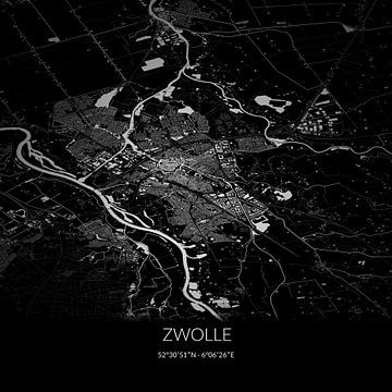 Zwart-witte landkaart van Zwolle, Overijssel. van Rezona