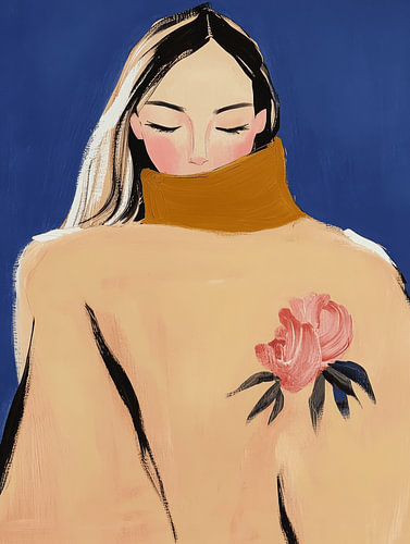 Modernes Frauenporträt in Erdtönen mit einer Blume und blauem Hintergrund von Carla Van Iersel